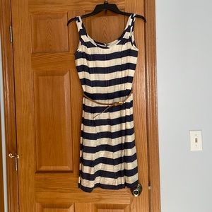 Blue and white striped dress with belt